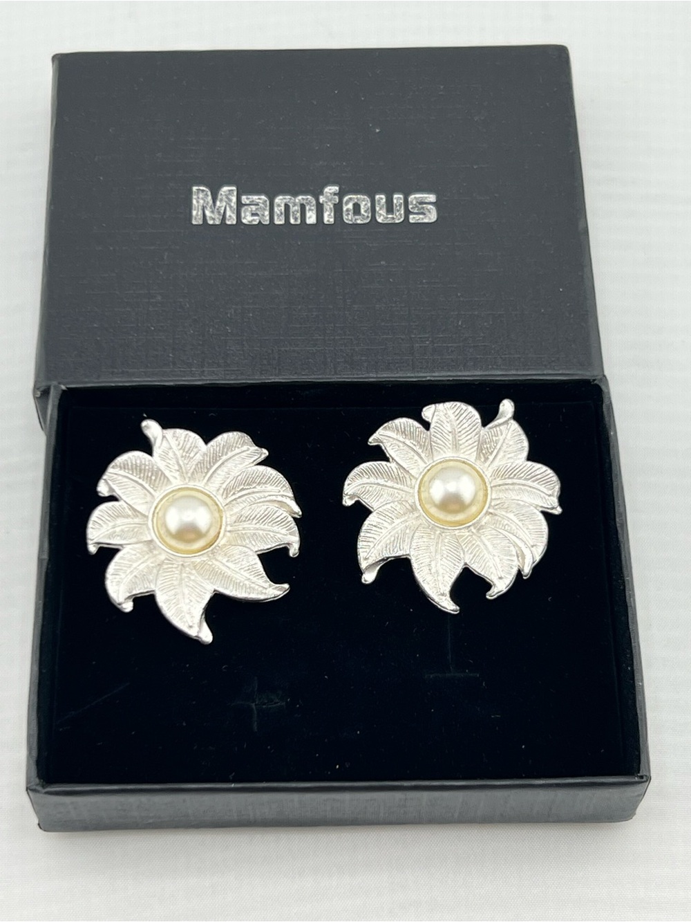Mamfous Silver Textured Flower Pearl Stud Earrings Statement Floral